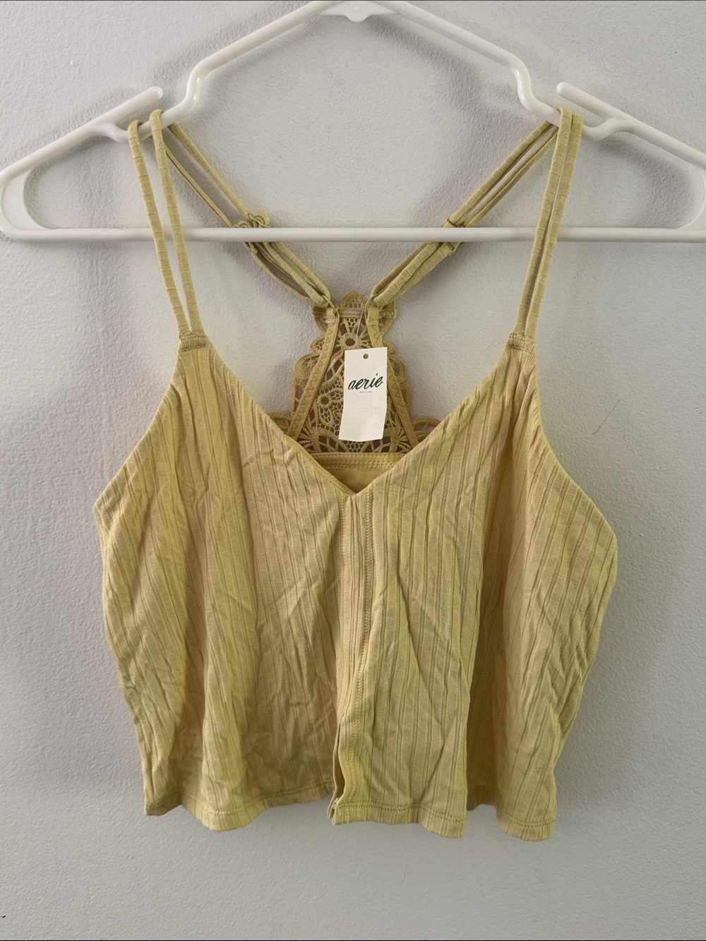 NWT aerie Light yellow Ribbed Lace-Back Cropped Camisole Sz S